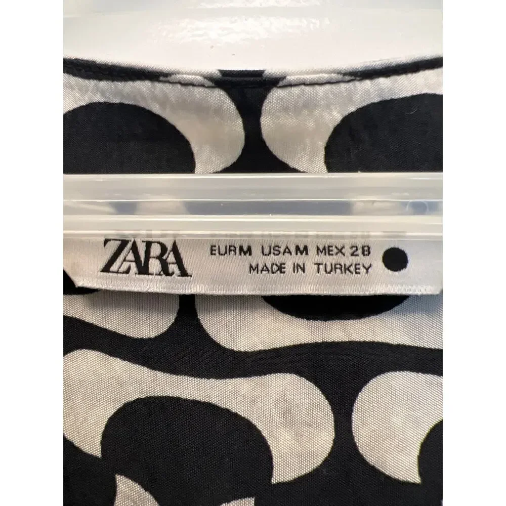 Zara Women’s V-Neck Long Sleeve Geometric Tie‎ Waist Mini Dress Sz M Black Beige
